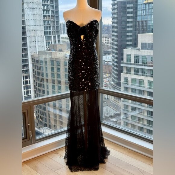 🆕REBECCA VALLANCE 🧿 NWOT Diana Black Sequined Mesh Trimmed Gown Sz AU 14 US 10 - Picture 9 of 16